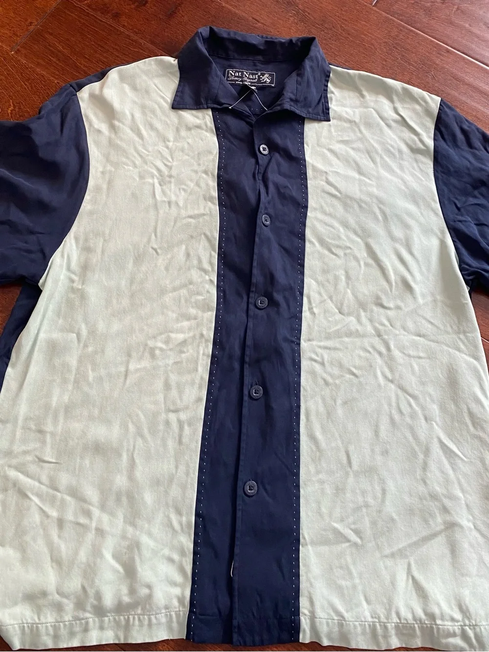 Nat Nast Men's Large GS02A Colorblock Silk Camp Shirt Navy Blue Saltwater Gray